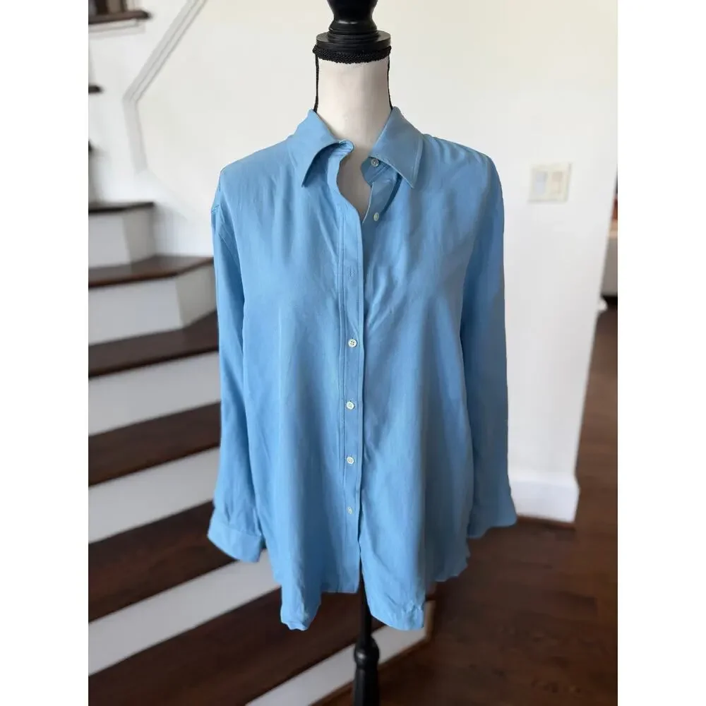Vintage Ralph Lauren Blue Silk Button Down Shirt Wide Leg Trouser Set